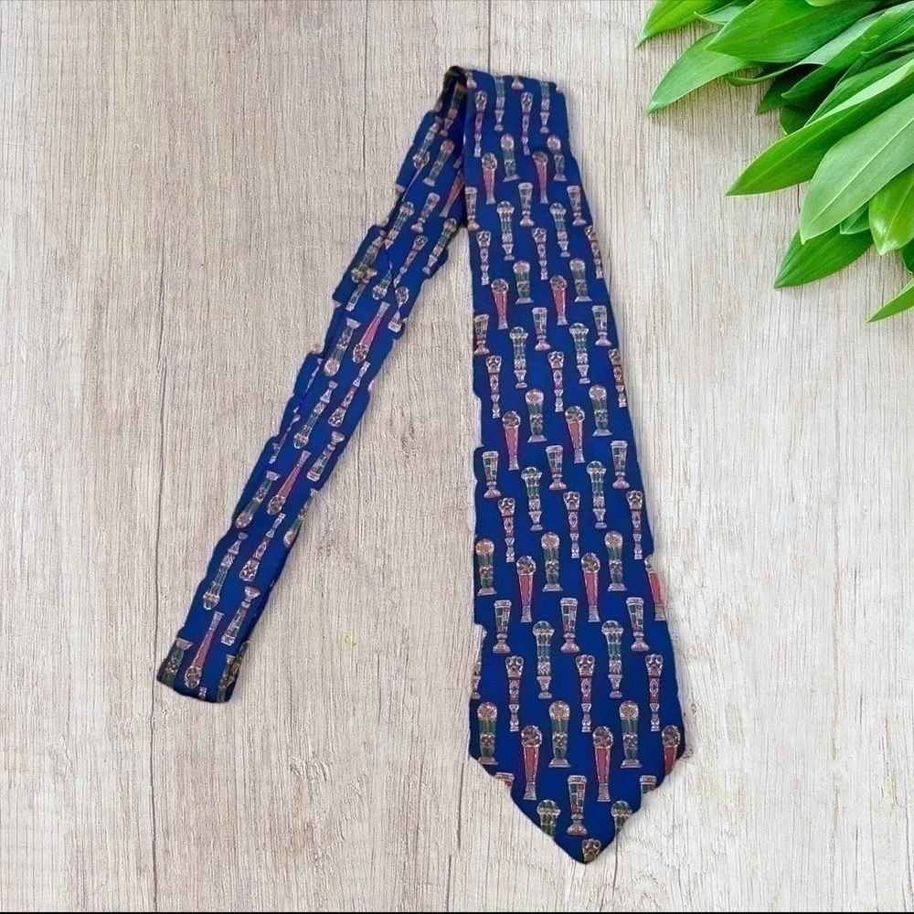 Vtg 90s Salvatore Ferragamo Silk Tie Ornate Columns Print Blue Combo